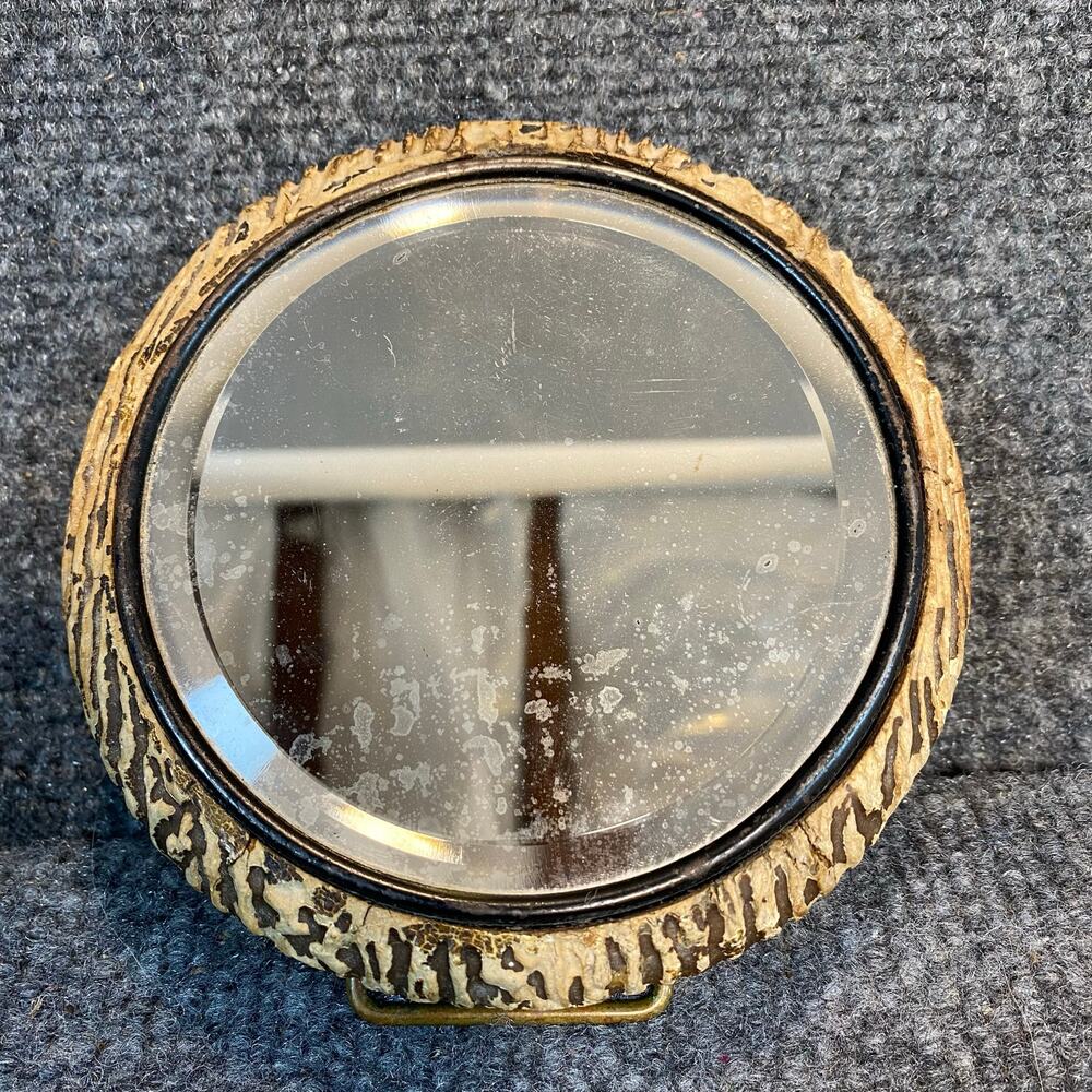 Antique Wood Faux Antler Rounds Beveled Glass Table Standing Mirror 5 inch